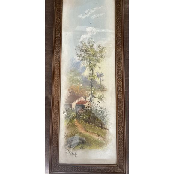 Antique M Degraff 21 X 7.5 Summer Cottage Stone Path Wooden Fence Lake Pastel - Picture 3 of 6
